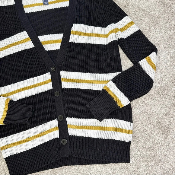 Forever21 Black & Off-White Yellow Striped Open Front Button Cardigan Sweater - Picture 6 of 13